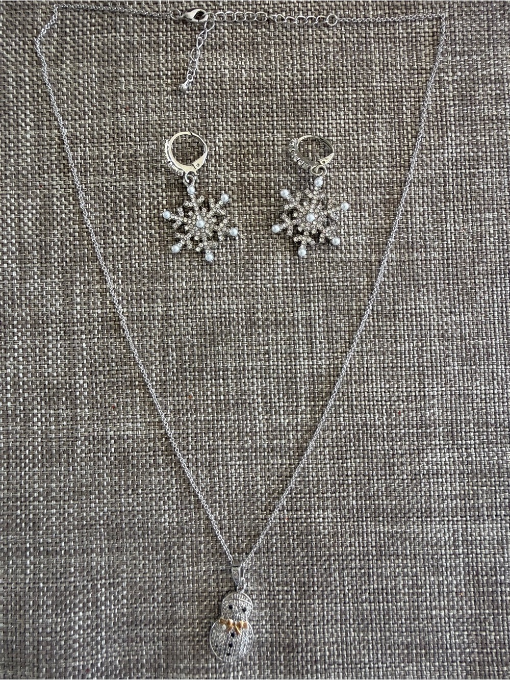Silver Snowflake Earrings and Snowman Pendant Necklace Set - Silver